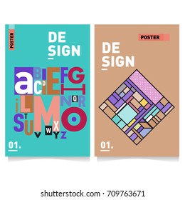 Vector covers design set with retro style. Cool geometric memphis style poster template with alphabets typography layout. Summer and autumn design template.