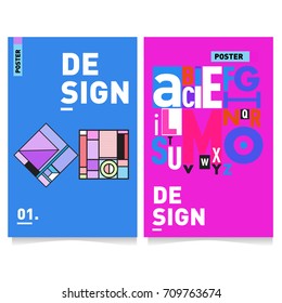 Vector covers design set with retro style. Cool geometric memphis style poster template with alphabets typography layout. Summer and autumn design template.