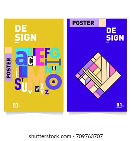 Vector covers design set with retro style. Cool geometric memphis style poster template with alphabets typography layout. Summer and autumn design template.