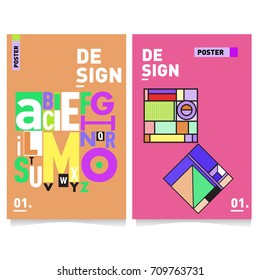 Vector covers design set with retro style. Cool geometric memphis style poster template with alphabets typography layout. Summer and autumn design template.