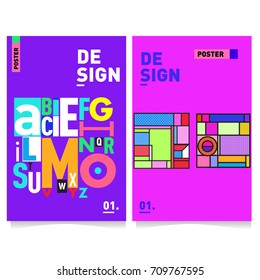 Vector covers design set with retro style. Cool geometric memphis style poster template with alphabets typography layout. Summer and autumn design template.