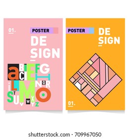 Vector covers design set with retro style. Cool geometric memphis style poster template with alphabets typography layout. Summer and autumn design template.