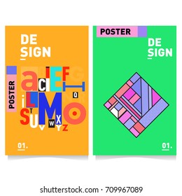 Vector covers design set with retro style. Cool geometric memphis style poster template with alphabets typography layout. Summer and autumn design template.