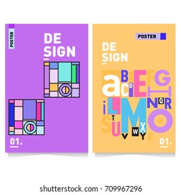 Vector covers design set with retro style. Cool geometric memphis style poster template with alphabets typography layout. Summer and autumn design template.