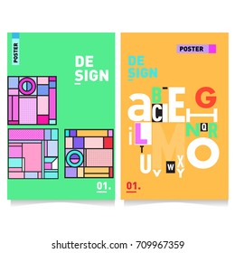 Vector covers design set with retro style. Cool geometric memphis style poster template with alphabets typography layout. Summer and autumn design template.