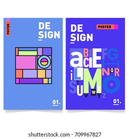 Vector covers design set with retro style. Cool geometric memphis style poster template with alphabets typography layout. Summer and autumn design template.
