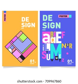 Vector covers design set with retro style. Cool geometric memphis style poster template with alphabets typography layout. Summer and autumn design template.