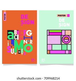 Vector covers design set with retro style. Cool geometric memphis style poster template with alphabets typography layout. Summer and autumn design template.