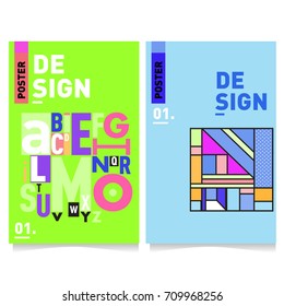 Vector covers design set with retro style. Cool geometric memphis style poster template with alphabets typography layout. Summer and autumn design template.
