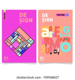 Vector covers design set with retro style. Cool geometric memphis style poster template with alphabets typography layout. Summer and autumn design template.