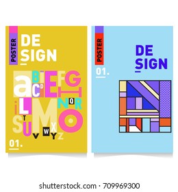 Vector covers design set with retro style. Cool geometric memphis style poster template with alphabets typography layout. Summer and autumn design template.