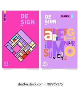 Vector covers design set with retro style. Cool geometric memphis style poster template with alphabets typography layout. Summer and autumn design template.