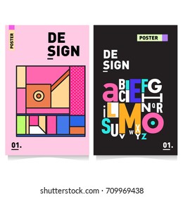 Vector covers design set with retro style. Cool geometric memphis style poster template with alphabets typography layout. Summer and autumn design template.