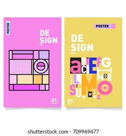 Vector covers design set with retro style. Cool geometric memphis style poster template with alphabets typography layout. Summer and autumn design template.