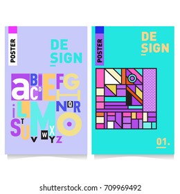Vector covers design set with retro style. Cool geometric memphis style poster template with alphabets typography layout. Summer and autumn design template.