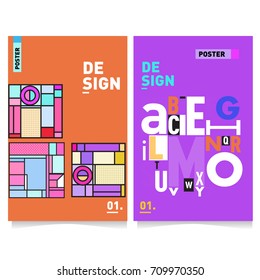 Vector covers design set with retro style. Cool geometric memphis style poster template with alphabets typography layout. Summer and autumn design template.