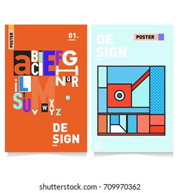 Vector covers design set with retro style. Cool geometric memphis style poster template with alphabets typography layout. Summer and autumn design template.