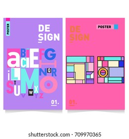 Vector covers design set with retro style. Cool geometric memphis style poster template with alphabets typography layout. Summer and autumn design template.
