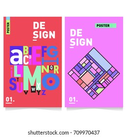 Vector covers design set with retro style. Cool geometric memphis style poster template with alphabets typography layout. Summer and autumn design template.