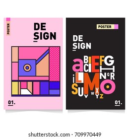 Vector covers design set with retro style. Cool geometric memphis style poster template with alphabets typography layout. Summer and autumn design template.