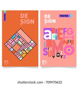 Vector covers design set with retro style. Cool geometric memphis style poster template with alphabets typography layout. Summer and autumn design template.