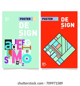 Vector covers design set with retro style. Cool geometric memphis style poster template with alphabets typography layout. Summer and autumn design template.