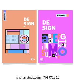 Vector covers design set with retro style. Cool geometric memphis style poster template with alphabets typography layout. Summer and autumn design template.
