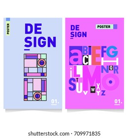 Vector covers design set with retro style. Cool geometric memphis style poster template with alphabets typography layout. Summer and autumn design template.