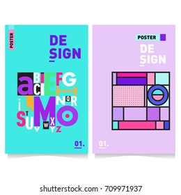 Vector covers design set with retro style. Cool geometric memphis style poster template with alphabets typography layout. Summer and autumn design template.