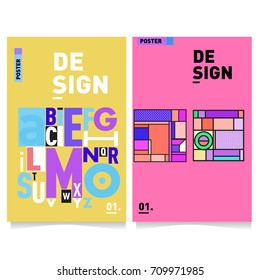 Vector covers design set with retro style. Cool geometric memphis style poster template with alphabets typography layout. Summer and autumn design template.