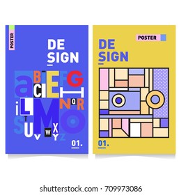 Vector covers design set with retro style. Cool geometric memphis style poster template with alphabets typography layout. Summer and autumn design template.