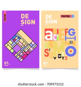 Vector covers design set with retro style. Cool geometric memphis style poster template with alphabets typography layout. Summer and autumn design template.