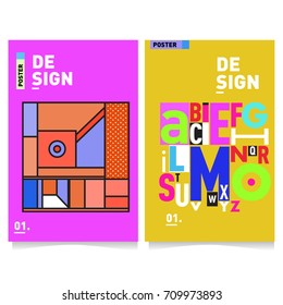 Vector covers design set with retro style. Cool geometric memphis style poster template with alphabets typography layout. Summer and autumn design template.