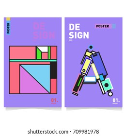 Vector covers design set with retro style. Cool geometric memphis style poster template with alphabets. Summer and autumn design template.