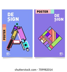 Vector covers design set with retro style. Cool geometric memphis style poster template with alphabets. Summer and autumn design template.