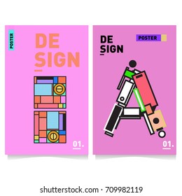 Vector covers design set with retro style. Cool geometric memphis style poster template with alphabets. Summer and autumn design template.