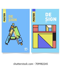 Vector covers design set with retro style. Cool geometric memphis style poster template with alphabets. Summer and autumn design template.