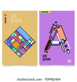Vector covers design set with retro style. Cool geometric memphis style poster template with alphabets. Summer and autumn design template.