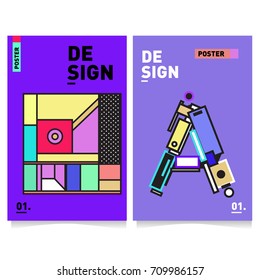 Vector covers design set with retro style. Cool geometric memphis style poster template with alphabets. Summer and autumn design template.