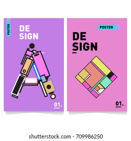 Vector covers design set with retro style. Cool geometric memphis style poster template with alphabets. Summer and autumn design template.