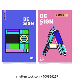 Vector covers design set with retro style. Cool geometric memphis style poster template with alphabets. Summer and autumn design template.