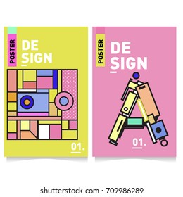 Vector covers design set with retro style. Cool geometric memphis style poster template with alphabets. Summer and autumn design template.