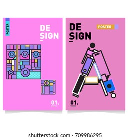 Vector covers design set with retro style. Cool geometric memphis style poster template with alphabets. Summer and autumn design template.