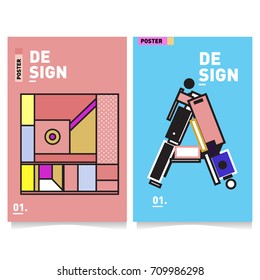 Vector covers design set with retro style. Cool geometric memphis style poster template with alphabets. Summer and autumn design template.