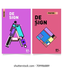 Vector covers design set with retro style. Cool geometric memphis style poster template with alphabets. Summer and autumn design template.