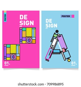 Vector covers design set with retro style. Cool geometric memphis style poster template with alphabets. Summer and autumn design template.