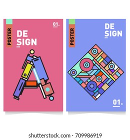 Vector covers design set with retro style. Cool geometric memphis style poster template with alphabets. Summer and autumn design template.