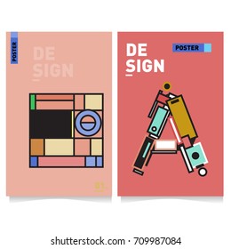 Vector covers design set with retro style. Cool geometric memphis style poster template with alphabets. Summer and autumn design template.