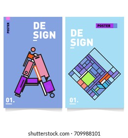 Vector covers design set with retro style. Cool geometric memphis style poster template with alphabets. Summer and autumn design template.