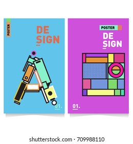 Vector covers design set with retro style. Cool geometric memphis style poster template with alphabets. Summer and autumn design template.
